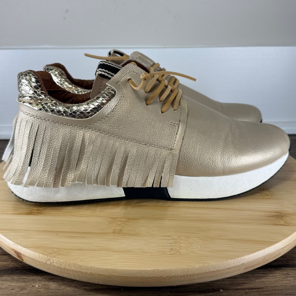 Shu Shop Fringe Metallic Gold Sneakers Womens 10‎ Snakeskin Boho Chic Festival